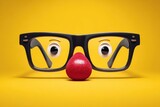 Funny glasses, a red clown nose, and a tie are arranged on a colored background to resemble a face