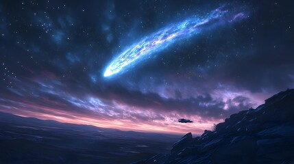 Aufkleber - A vibrant comet blazes across a surreal, star-studded sky above a desolate landscape. Futuristic spacecraft soars. Pink and purple clouds add otherworldly feel. Astronomy and Galaxy backgrounds.
