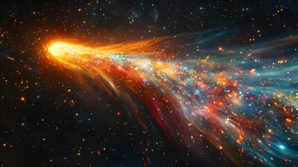 Poster - A vibrant comet streaks across the cosmos, its fiery nucleus and multicolored tail creating a breathtaking spectacle. A dynamic image of space exploration. Astronomy and Galaxy backgrounds.