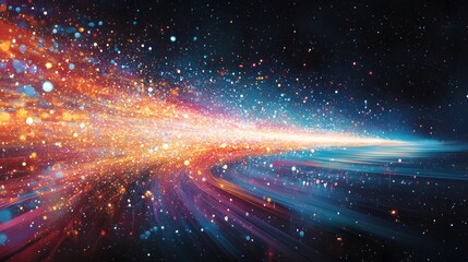 Fototapete - Dynamic stream of vibrant particles bursts across a dark expanse, transitioning from fiery reds to cool blues, capturing energy and motion, Astronomy and Galaxy backgrounds.