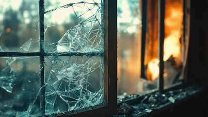 Poster - Shattered Glass Window with Flames in Background, Capturing the Beauty of Destruction and Abandonment in Urban Environment 4k video footage