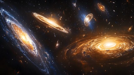 Poster - A breathtaking vista of deep space showcases spiral galaxies with vibrant colors and intricate structures, scattered stars, and distant galaxies. Astronomy and Galaxy backgrounds