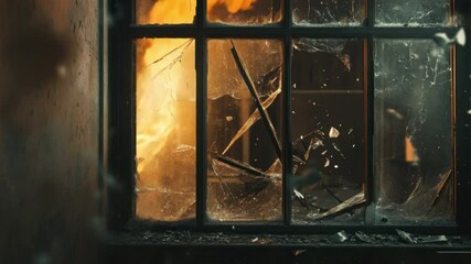 Poster - Shattered Window with Broken Glass Reflecting Flames and Light in Dimly Lit Interior Space 4k video footage