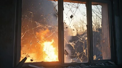 Poster - Broken window with shattered glass revealing a fire outside in an abandoned building at sunset, conveying a sense of destruction and loss 4k video footage