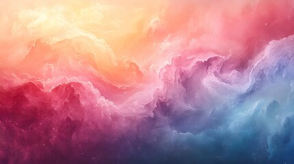 Poster - Abstract cloudscape with a sunset gradient. Warm yellows and oranges transition to cooler pinks, purples, and blues. Soft, flowing texture with scattered bright spots. Astronomy and Galaxy backgrounds