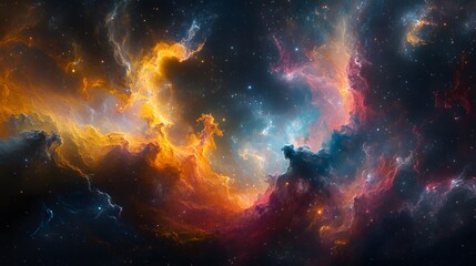 Poster - A stunning nebula explodes with vibrant colors against a star-studded canvas. Swirling gases create depth and wonder, a cosmic masterpiece. Astronomy and Galaxy backgrounds