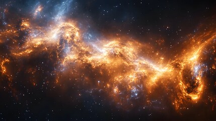 Poster - A vibrant nebula bursts with colors, oranges signify intense energy while blues suggest cooler regions. Stars pepper the scene. Dynamic star formation. Astronomy and Galaxy backgrounds.