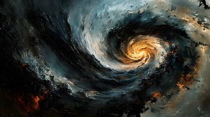 Poster - A stunning cosmic vortex reveals the universe's raw power. Golden spirals meet nebulous clouds, creating a galactic masterpiece. Astronomy and Galaxy backgrounds