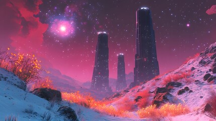 Fototapete - Surreal, snowy landscape with futuristic towers under a vibrant nebula sky. Dreamlike quality. Perfect for sci-fi or fantasy concepts. Astronomy and Galaxy backgrounds.