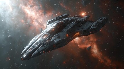 Poster - Majestic spacecraft soars through vibrant nebula, a symphony of cosmic colors. Intricate design against interstellar backdrop. Astronomy and Galaxy backgrounds.