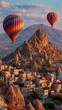 © olegganko - Colorful Hot Air Balloons Soar Over Rocky Landscape and Ancient Village During Sunset in Cappadocia, Turkey