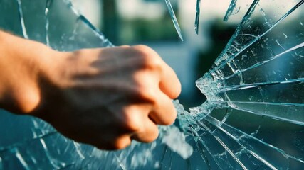 Poster - Close-up View of Cracked Glass with Sharp Edges and Intricate Patterns in a Light Blue Hue 4k video footage