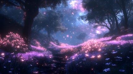 Aufkleber - Enchanted forest at night. Glowing flowers and ethereal orbs illuminate a path under a vibrant nebula sky. A dreamy, otherworldly scene. Astronomy and Galaxy backgrounds.