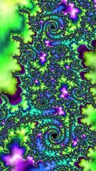 Poster - fractals artwork displays a blend of swirling green and purple  with complex detailing, zoom in	
