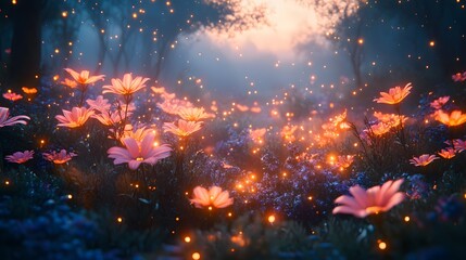 Poster - A field of vibrant pink and purple flowers glows under soft, ethereal light, creating a dreamy, magical scene. Perfect for fantasy or whimsical projects. Astronomy and Galaxy backgrounds.