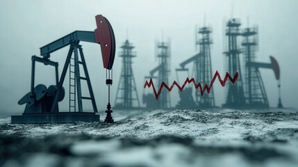 Poster - sharp downward arrow shows the ongoing oil crisis, symbolized by falling oil prices. In the background, dormant oil pumps and the gray sky reflect the impact on petroleum production and income