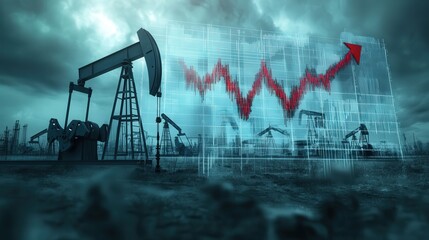 Poster - sharp downward arrow highlights the dramatic fall in oil prices. In the background, idle oil pumps and gray clouds represent the economic impact of the ongoing oil crisis