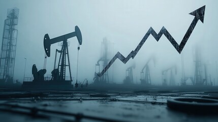Poster - sharp downward arrow shows the ongoing oil crisis, symbolized by falling oil prices. In the background, dormant oil pumps and the gray sky reflect the impact on petroleum production and income