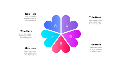Aufkleber - Infographic design featuring colorful 5 petal shapes arranged in a radial pattern with business icons and text placeholders for a modern and professional presentation