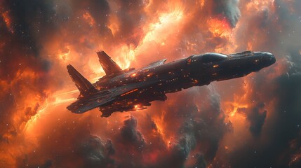 Poster - Futuristic spacecraft soars through a fiery nebula, showcasing advanced technology and intricate design. A dramatic, awe-inspiring scene of interstellar travel. Astronomy and Galaxy backgrounds