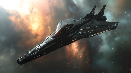 Fototapete - Futuristic spacecraft soaring through a vibrant nebula. Sleek design, metallic hull, and red cockpit against a cosmic backdrop of stars and colorful gases.Astronomy and Galaxy backgrounds.