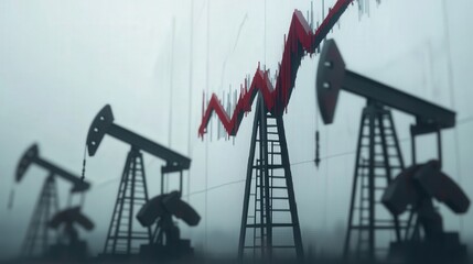 Poster - financial chart signals the crisis in the oil industry, with oil pumps standing idle against a backdrop of a gray sky.
