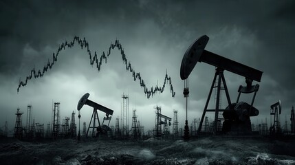 Poster - dramatic chart shows the fall in petroleum prices, marked by a down arrow. In the background, oil pumps are idle under the dark gray sky,