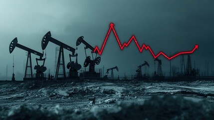 Poster - dramatic chart shows the fall in petroleum prices, marked by a down arrow. In the background, oil pumps are idle under the dark gray sky,
