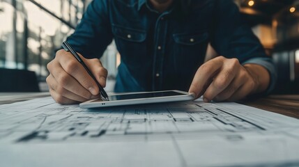Poster - digital tablet, reviewing building blueprints and proposing alterations to improve space utilization in the design meeting