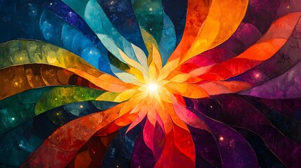 Poster - Dynamic, colorful abstract art radiating energy. A central light blooms into petal-like forms, transitioning through blues, greens, yellows, oranges, reds, purples. Astronomy and Galaxy backgrounds.