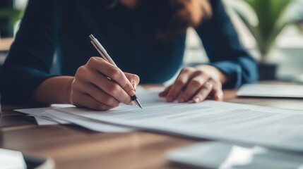 Poster - focused person filling out documents with a pen, demonstrating careful attention to detail in a professional workspace