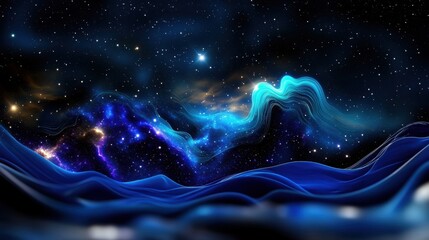 Poster - Vibrant blue waves undulate beneath a star-filled cosmos, radiating energy in a dreamlike space scene, evoking feelings of wonder and exploration