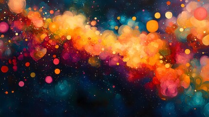 Fototapete - Abstract nebula with vibrant swirls of orange, yellow, red, purple, and blue against a dark sky. Circular shapes mimic stars. Dynamic brushstrokes evoke cosmic depth. Astronomy and Galaxy backgrounds.