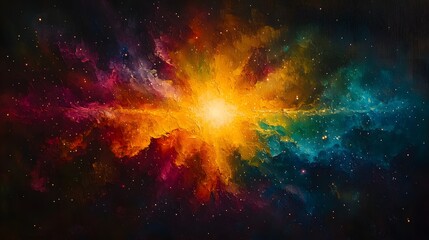 Poster - A vibrant nebula bursts with color, dominated by a central yellow light source and swirling clouds of magenta, orange, green, and blue, painted with thick textures. Astronomy and Galaxy backgrounds