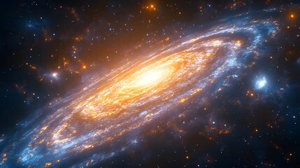 Poster - A stunning spiral galaxy with a vibrant core and swirling arms of gas, dust, and stars. Blues and oranges paint this cosmic masterpiece. Vast starry background. Astronomy and Galaxy backgrounds.