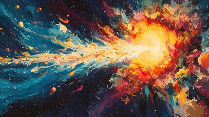 Poster - Vibrant abstract painting capturing a cosmic supernova. Dynamic explosion of color and energy with fiery reds and cooling blues conveys universal birth or star's end. Astronomy and Galaxy backgrounds