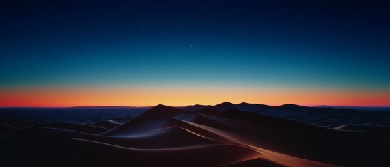 Wall Mural - In the quiet of twilight, gentle sand dunes roll under a vast, starry sky, painted with the colors of a breathtaking sunset, evoking a sense of infinity.
