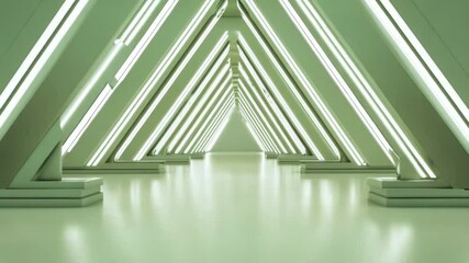 Poster - futuristic architectural design featuring symmetrical triangular structures and bright white lightin