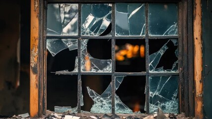 Poster - Broken Window with Shattered Glass and Burnt Frame in an Abandoned Building Interior 4k video footage