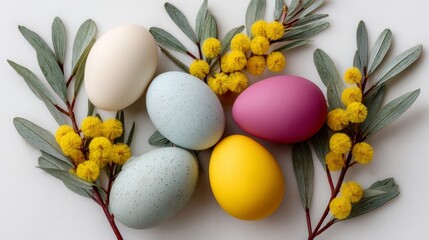 Poster - Bunch of eggs are on a white background with yellow flowers. The eggs are of different colors, including white, yellow, and pink. Concept of warmth and joy, as the bright colors of the eggs