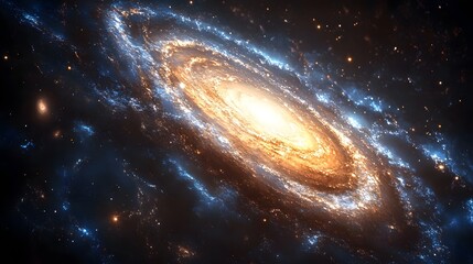 Poster - A vibrant spiral galaxy shines brilliantly, its core a radiant orange that extends into blue-tinged spiral arms teeming with stars and nebulae. Astronomy and Galaxy backgrounds.