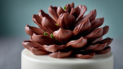Poster - Cake with a chocolate flower on top. The cake is white and the flower is brown. The flower is made of chocolate and has green leaves. The cake is placed on a wooden table