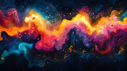 Poster - A vibrant abstract nebula, swirling with orange, yellow, red, pink, purple, and blue, evokes cosmic beauty. Light points suggest distant stars, a vast expanse. Astronomy and Galaxy backgrounds