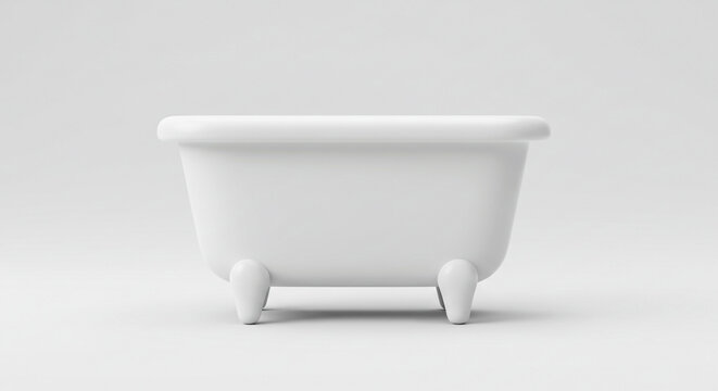 A minimalist white bathtub with claw feet on a seamless white background in a studio setting