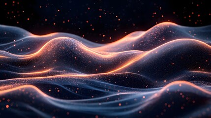 Aufkleber - Futuristic landscape with dark, textured waves illuminated by orange lights and soft blue haze. Bokeh lights in the background add depth. Astronomy and Galaxy backgrounds