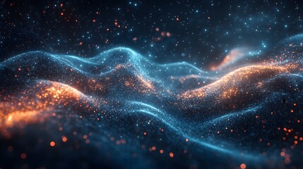 Poster - Vibrant cosmic landscape rendering with undulating blue and orange light waves amidst a dark, starry space. Energetic abstract galaxy or nebula representation. Astronomy and Galaxy backgrounds