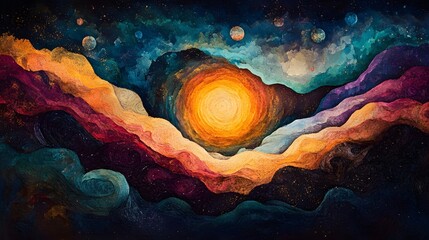 Aufkleber - Cosmic landscape painting featuring a vibrant sun-like orb dominating the horizon. Undulating mountains and celestial bodies create a dreamlike, otherworldly scene. Astronomy and Galaxy backgrounds