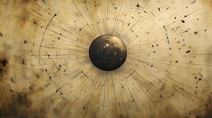 Fototapete - A celestial portal beckons from a distressed golden background. Radiating lines draw the eye to a dark sphere, a window to the stars. Mesmerizing abstract sun. Astronomy and Galaxy backgrounds.