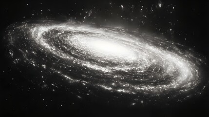 Poster - A captivating monochrome spiral galaxy with a bright nucleus and graceful, swirling arms. Faint stars dot the scene against the stark black background. Astronomy and Galaxy backgrounds.