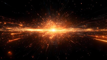 Poster - A dynamic abstract featuring a radiant light source emitting orange and gold streaks against a deep black backdrop. Energy burst illustration for microstock. Astronomy and Galaxy backgrounds.